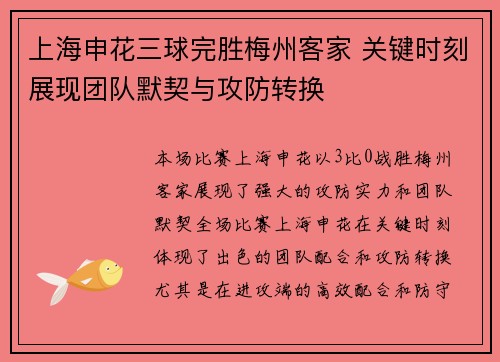 上海申花三球完胜梅州客家 关键时刻展现团队默契与攻防转换